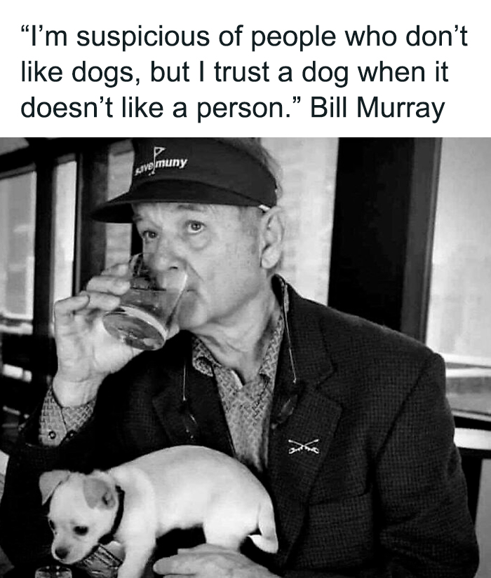 Black and white image of a man holding a small dog with a caption about trusting dogs, highlighting cute funny dogs.