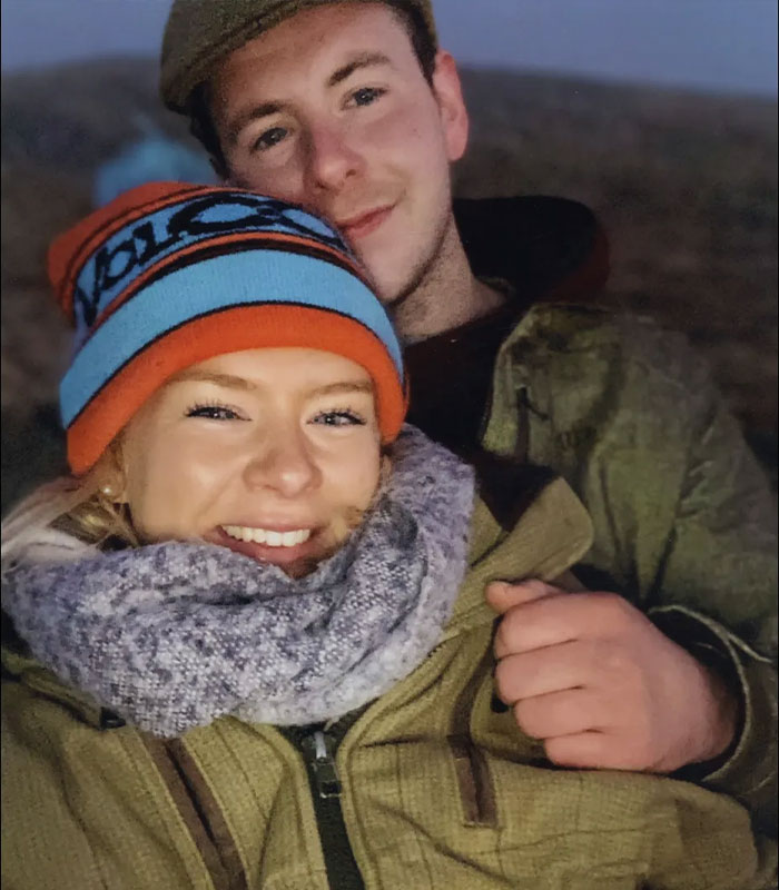 Young couple outdoors bundled up in winter clothes, with bride-to-be exposing fianc&eacute;'s horrific crimes before wedding.