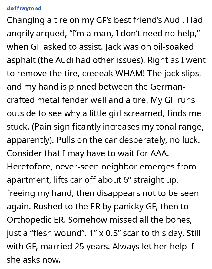 Text post describing a painful injury story involving a car jack slipping and hand being pinned, illustrating stupid injury stories.