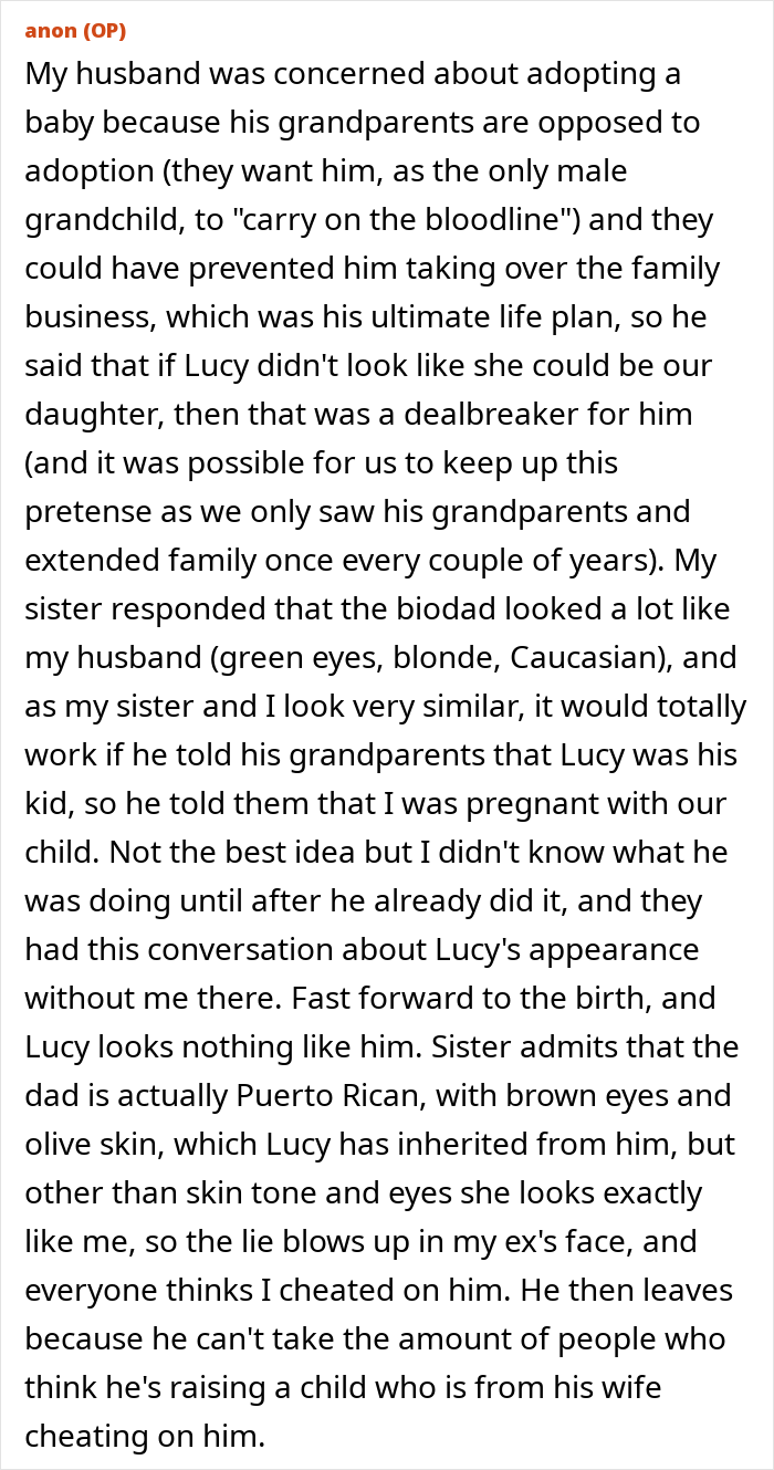 Text from a woman sharing a story about her husband&rsquo;s family opposing adoption and the complications of a sister adopting her kid.