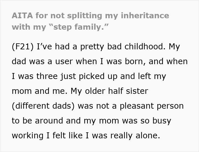 Text excerpt about an estranged dad leaving inheritance to daughter while stepmom demands equal share.