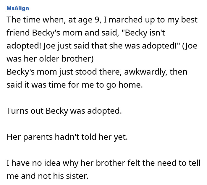 Text about a 9-year-old learning her friend was adopted, then revealing it to the friend's mom. An embarrassing moment.