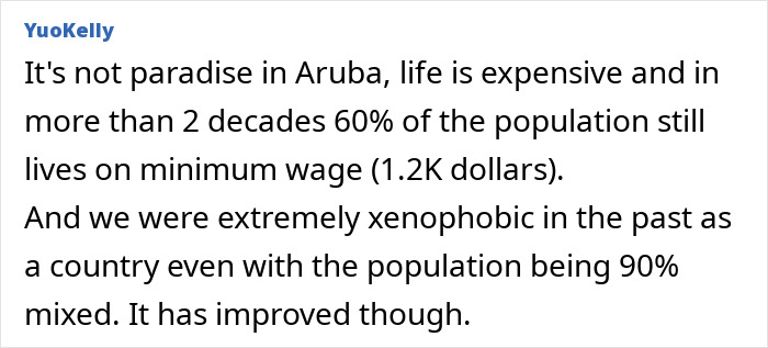 YuoKelly's post about Aruba's expensive life, low wages, and past xenophobia debunks stereotypes about countries that are not true.