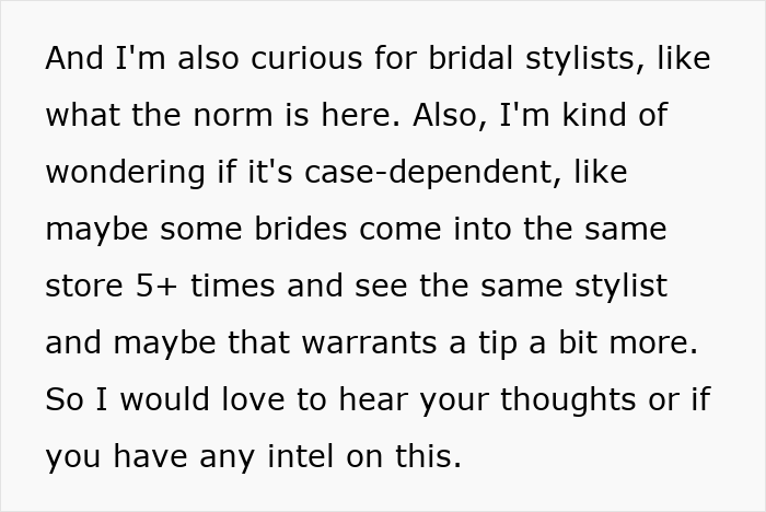 Text discussing bridal stylists and tipping norms for wedding dress shoppers, questioning when tipping is appropriate.
