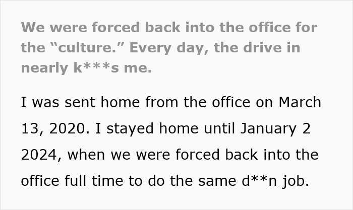 Woman frustrated by forced return to office after work from home canceled, unsure how long she'll survive daily commute. Woman frustrated by forced return to office after work from home canceled, unsure how long she'll survive daily commute.
