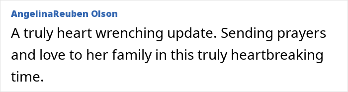Comentário de AngelinaReuben Olson expressando orações e amor pela família após os restos mortais da mãe desaparecida encontrados por caminhantes mais de um ano depois.