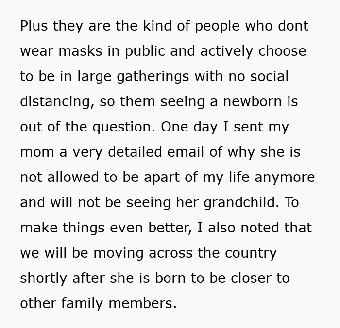 Text describing a woman&rsquo;s decision to exclude her mom from seeing her baby due to the mom&rsquo;s creepy behavior and safety concerns.