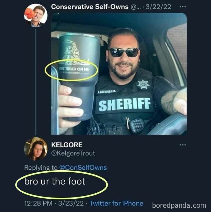 Man in sheriff uniform holding a tumbler with Don't Tread on Me, captioned by a post showing a confusing comment.