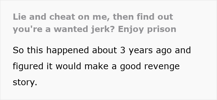 Text excerpt about a criminal and cheater exposed by his ex leading to jail and revenge story from three years ago.