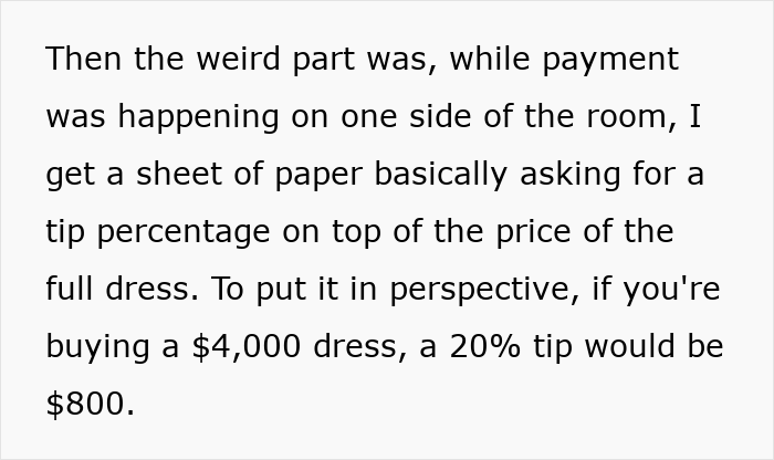 Text about a woman refusing to tip on a $4,000 wedding dress, sparking an online debate about tipping etiquette.