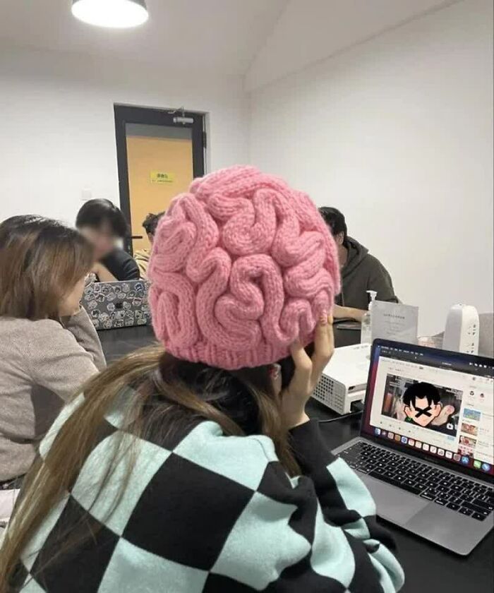 A person in a brain-shaped hat looks at a laptop. This weird image is sure to live in your mind rent-free.