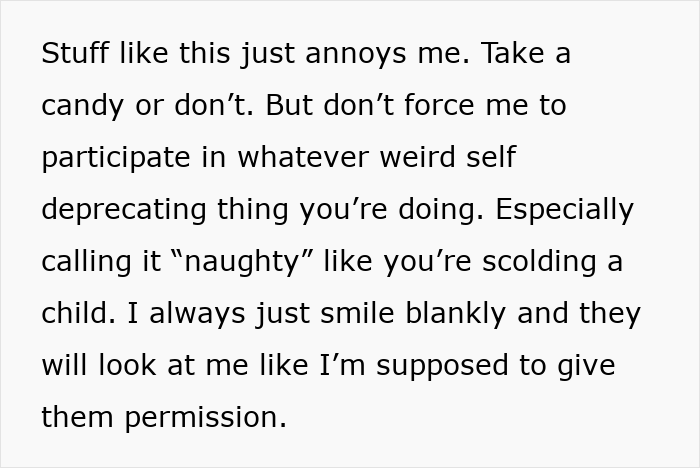 Texto expressando aborrecimento com a rotina autodepreciativa de doces de um colega de trabalho e as reações no escritório a ela. Texto expressando aborrecimento com a rotina autodepreciativa de doces de um colega de trabalho e as reações no escritório a ela.
