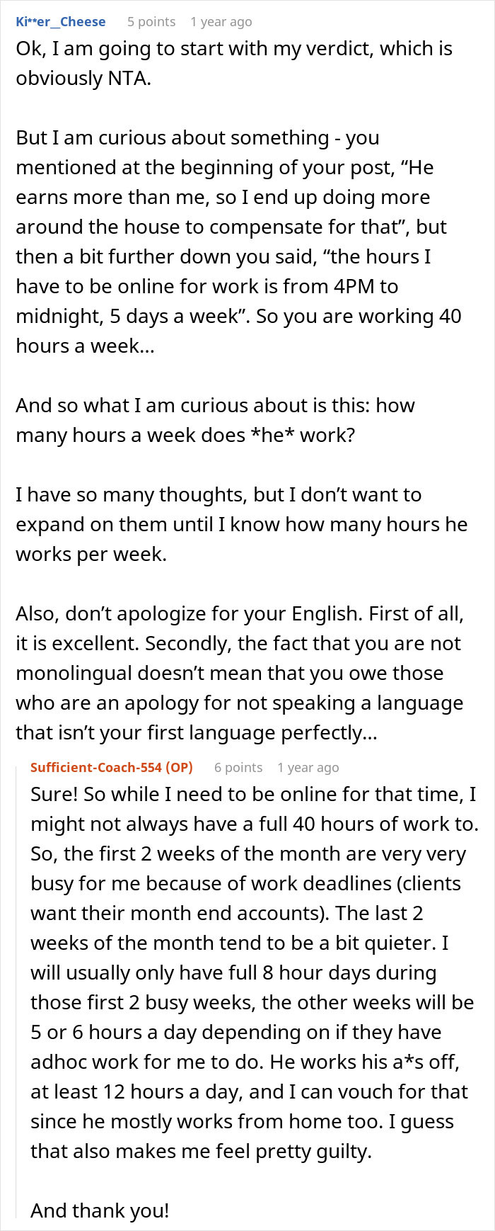 Reddit comments discussing a woman quitting her job due to husband's disrespect and possibly ending the marriage.
