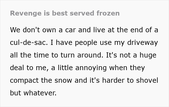 Man gets revenge on honking driver by filling bin with ice, driver calls cops and regrets the act in a snowy cul-de-sac.