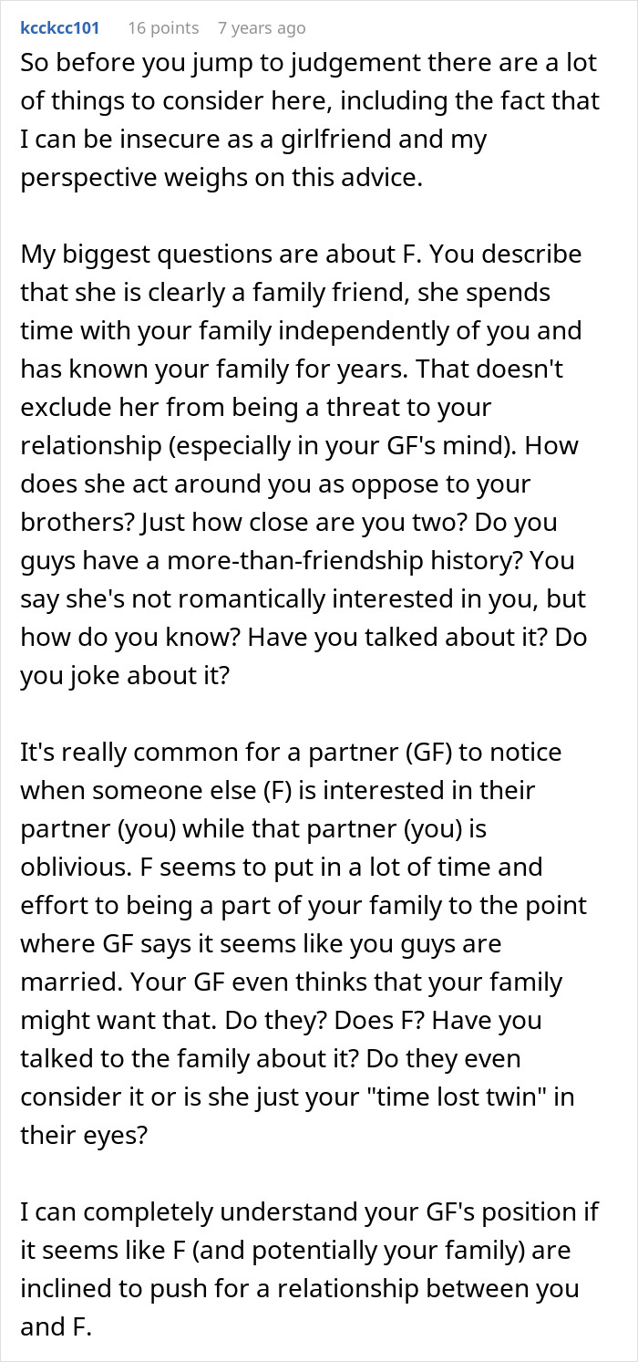 Comment discussing a woman who breaks up with her boyfriend after seeing how close his female friend is to his family. Comment discussing a woman who breaks up with her boyfriend after seeing how close his female friend is to his family.