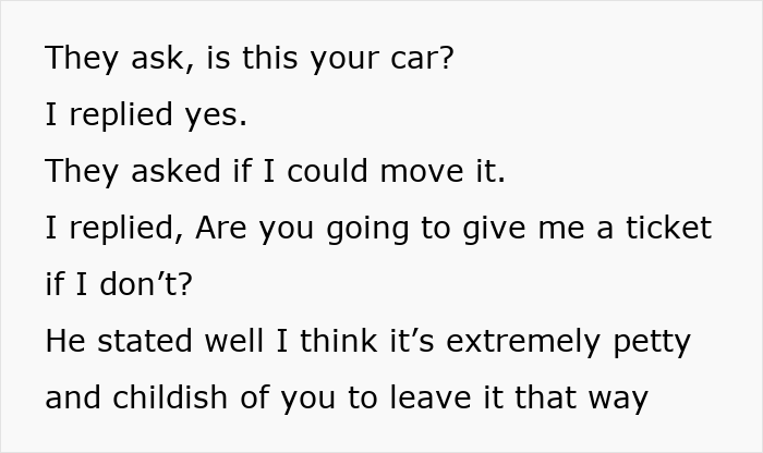 Text conversation about a woman trapping a car that took her parking spot and enjoying the situation with entitled guests.