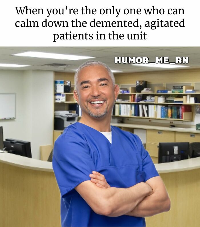 Smiling healthcare worker in blue scrubs standing confidently in a hospital with funny healthcare meme text above.