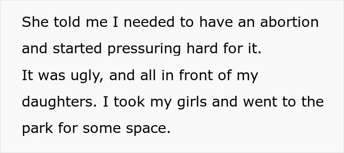 Text excerpt showing a woman sharing a crazy story about her mom pressuring her for an abortion in front of her daughters.