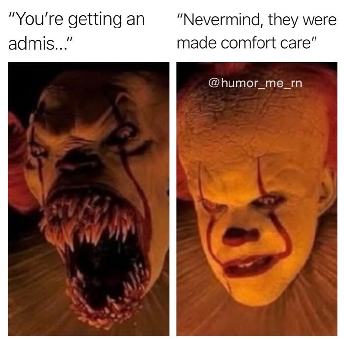 Scary and smiling clown faces humorously illustrating healthcare memes about patient admission and comfort care.