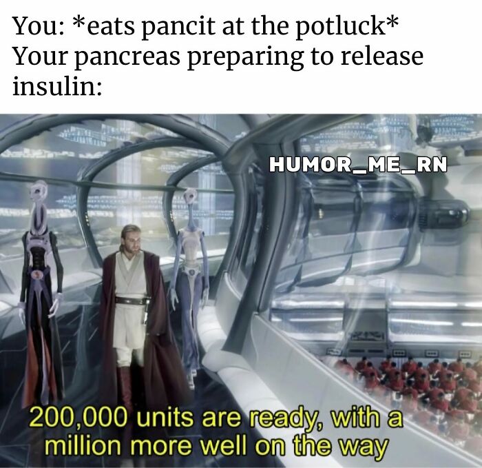 Humorous healthcare meme showing pancreas preparing to release insulin after eating pancit at a potluck event.