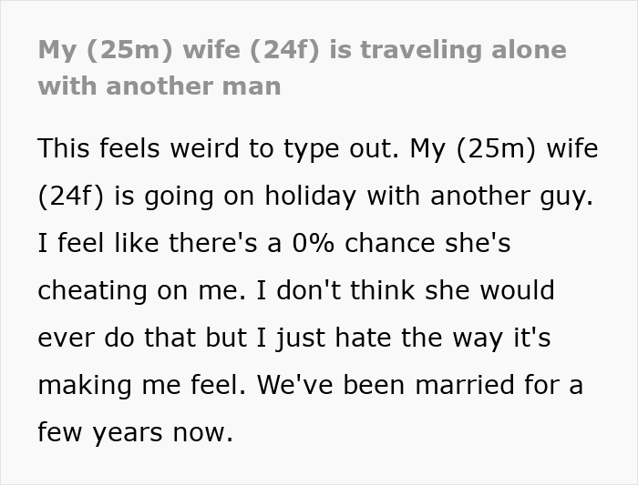 A man's gut feeling about his wife traveling with a male coworker, detailed in a Reddit post, leading him to snoop on her phone.