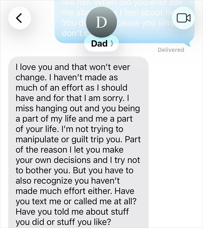 Text message from dad apologizing for lack of effort and addressing teen confront over forgotten birthday and strained relationship. Text message from dad apologizing for lack of effort and addressing teen confront over forgotten birthday and strained relationship.