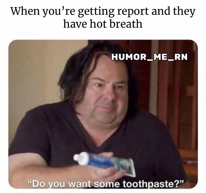 Man offering toothpaste with a funny expression, illustrating healthcare memes about dealing with awkward moments and hot breath.