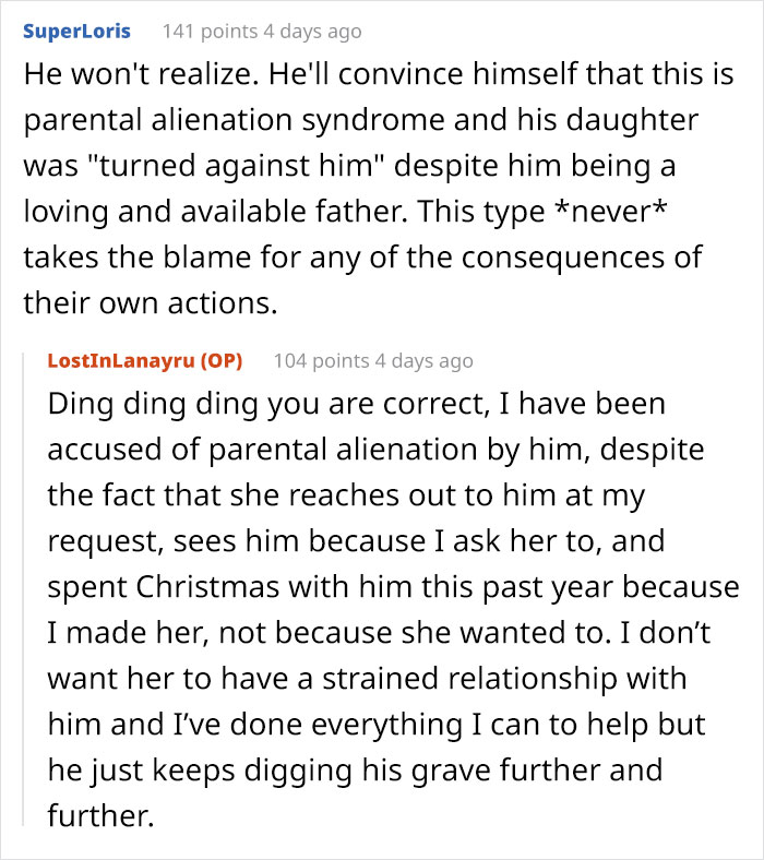 Reddit comments discussing parental alienation after a teen confronts dad for forgetting her birthday. Reddit comments discussing parental alienation after a teen confronts dad for forgetting her birthday.