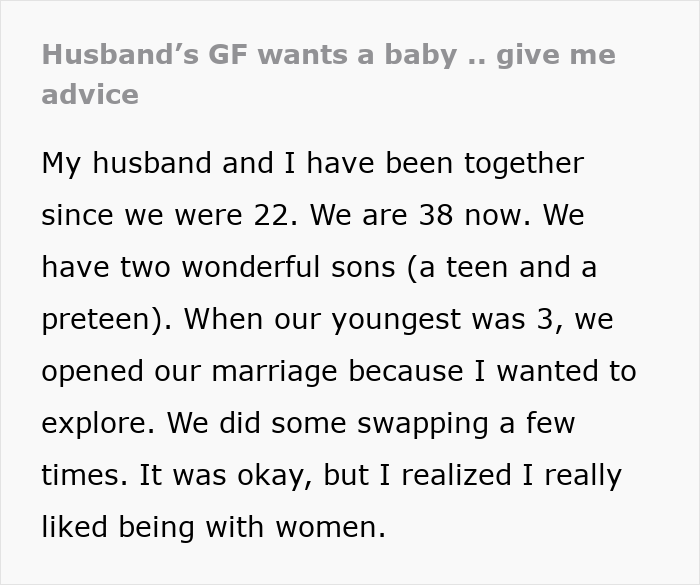 O casamento aberto dá uma guinada selvagem quando a namorada do marido pede um bebê, a esposa lhe dá um ultimato
