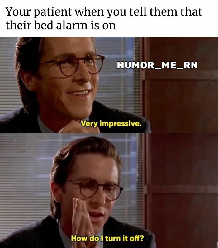 Man reacting humorously to a patient's bed alarm in a funny healthcare meme about hospital experiences.