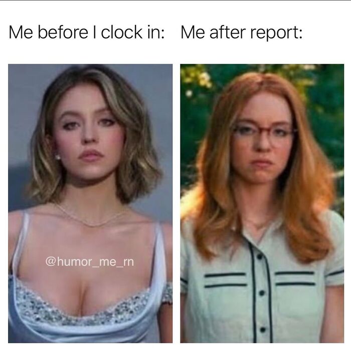 Two side-by-side images showing a nurse before clocking in looking fresh and after report looking tired, healthcare memes humor.