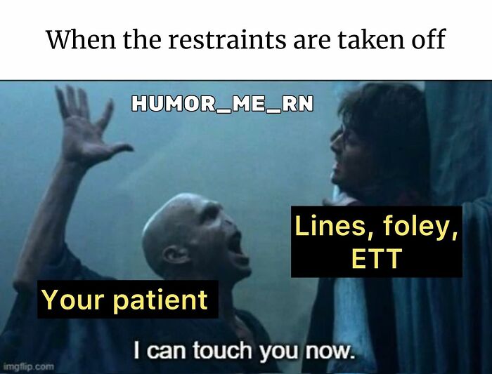 Funny healthcare meme showing a dramatic scene with patient and medical terms like lines, foley, and ETT.