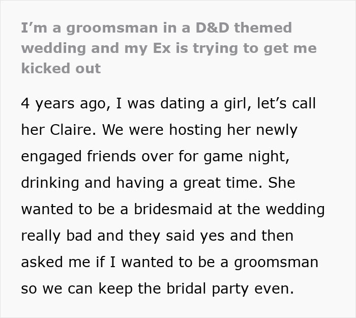 Alt text: Man discusses ex-girlfriend cheating and demanding he gets removed from his friend's wedding as a groomsman.