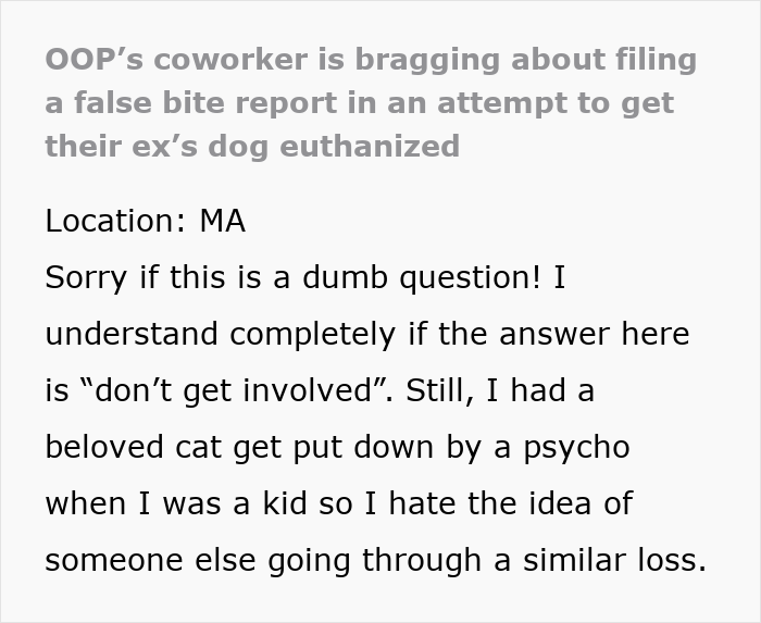 Text screenshot about coworker boasting to file false bite report to get ex&rsquo;s dog euthanized, animal-lover opposes revenge attempt.