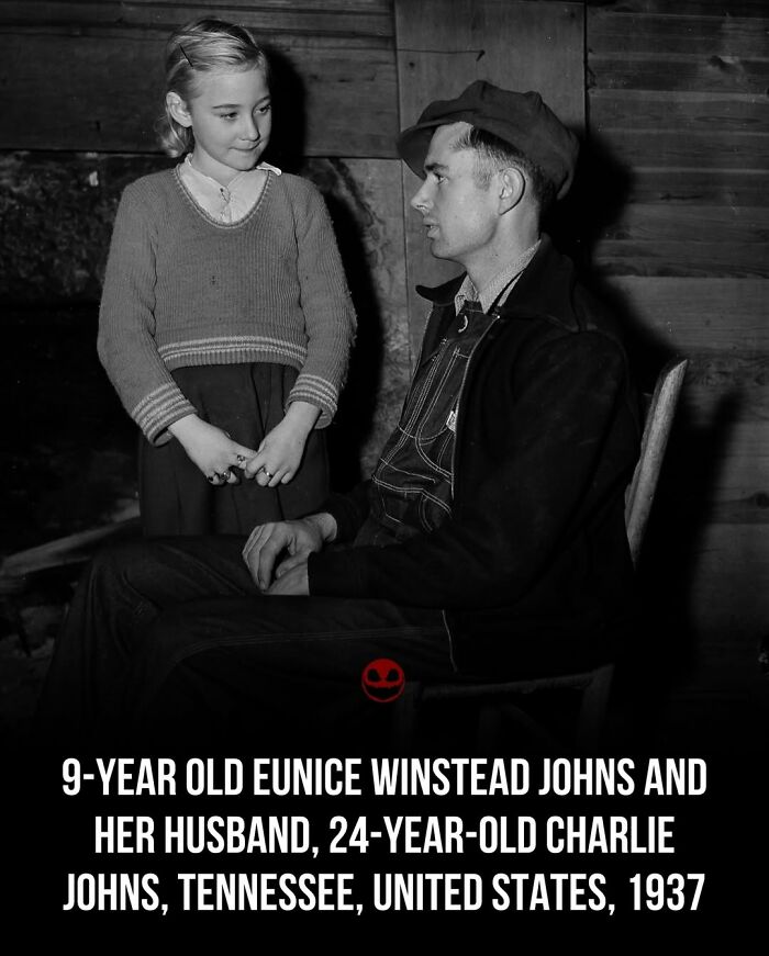 Black and white photo of a 9-year-old girl and her husband in 1937 Tennessee, showing weird and odd facts.