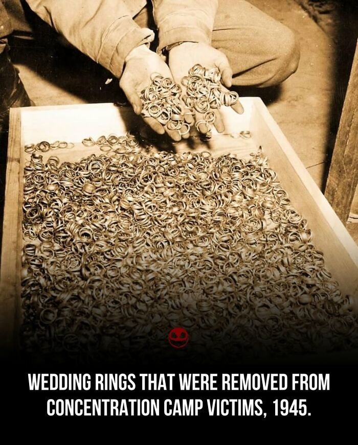 Hands holding hundreds of wedding rings removed from concentration camp victims in 1945, a weird and odd historical fact.