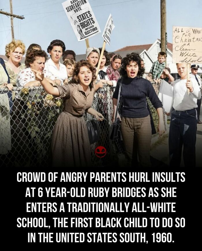 Crowd of angry parents protesting Ruby Bridges integration into a white school, illustrating historical weird and odd facts.