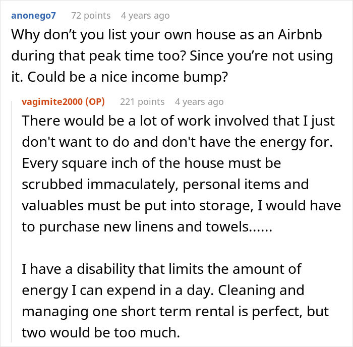 Entitled Sister Doesn’t Get A Free Airbnb Stay During Peak Season, Then Demands $300 To “House Sit” Entitled Sister Doesn’t Get A Free Airbnb Stay During Peak Season, Then Demands $300 To “House Sit”