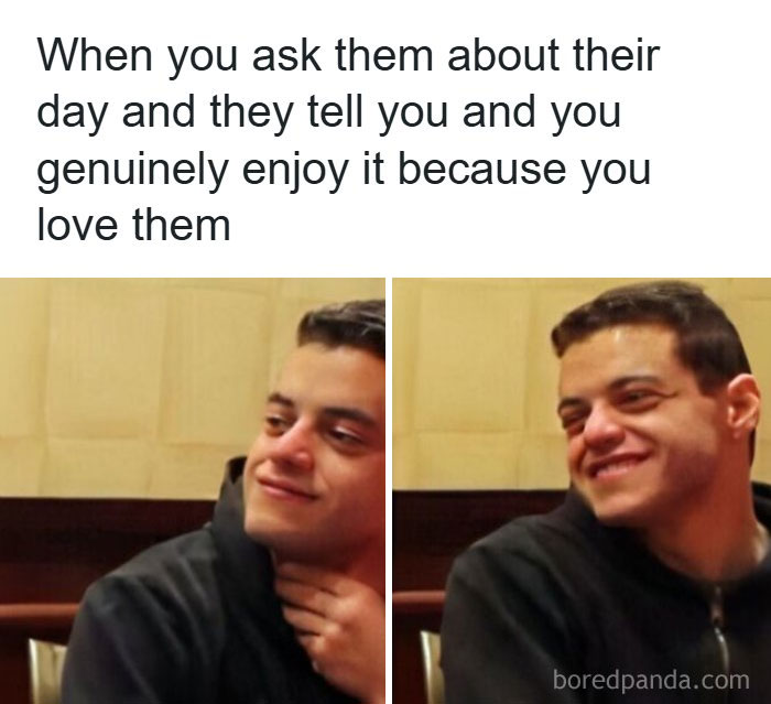 Young man smiling warmly in two photos, illustrating romantic relationships and love in funny memes.