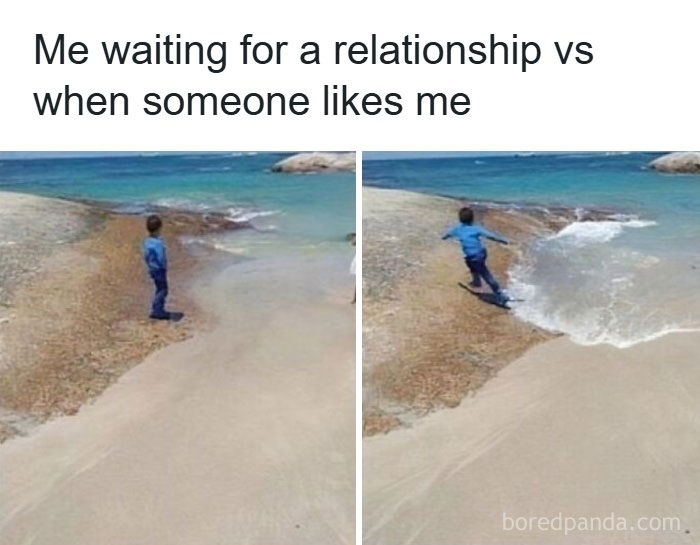 Boy standing hesitantly by the water then running excitedly toward it, illustrating romantic relationships humor.