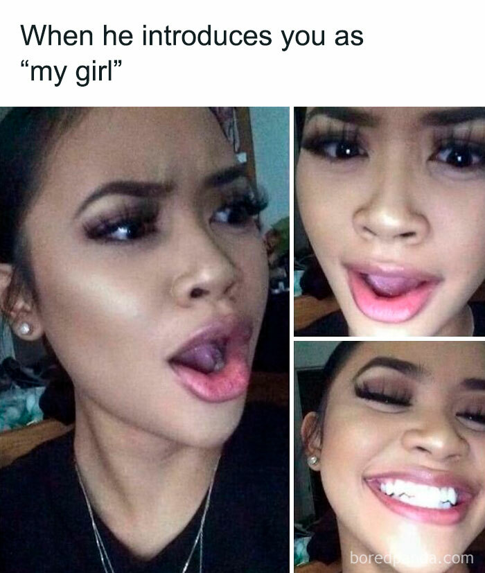 Woman showing surprised and happy facial expressions, illustrating romantic relationships through hilarious memes.
