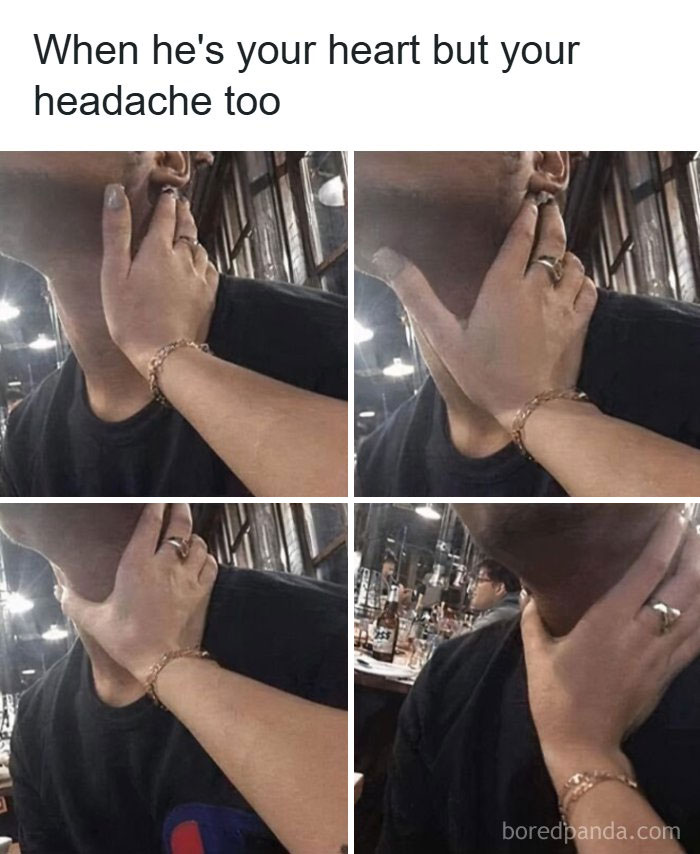 Couple showing playful frustration with hand on face, capturing humorous romantic relationships in a casual setting.