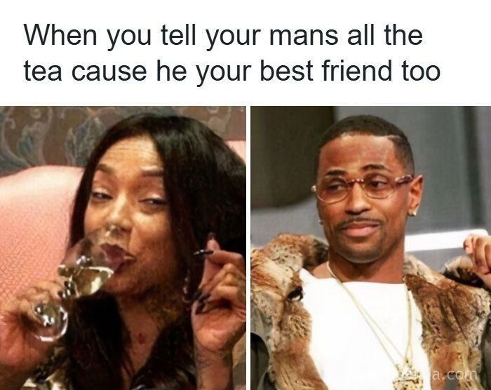 Woman sipping wine and man smirking, a funny moment illustrating romantic relationships in hilarious memes.