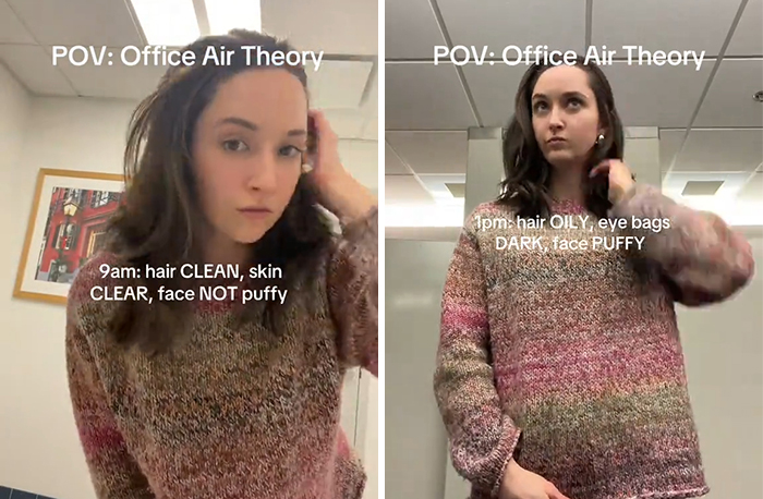 A woman shows effects of office air on her skin and hair from morning to afternoon inside an office setting.