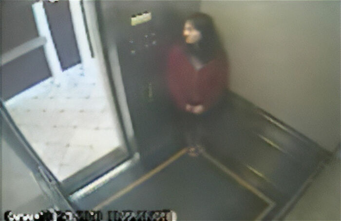 Woman standing alone in a dimly lit elevator corner, evoking a sense of horror and historical mystery.