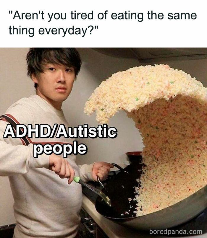 Person cooking a giant overflowing pan of food, a funny meme suitable for a relaxing evening with memes.