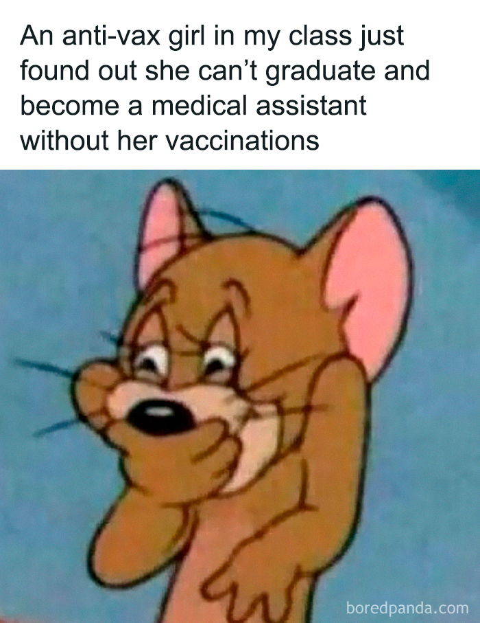 Meme featuring a confused cartoon mouse illustrating irresponsible and toxic behavior related to anti-vax consequences.