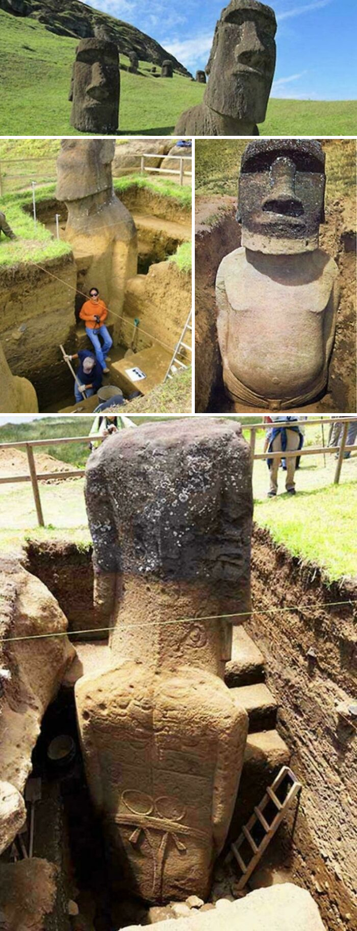 Ancient mysterious statues partially buried in earth with archaeologists excavating, highlighting urban myths and enigmatic events.