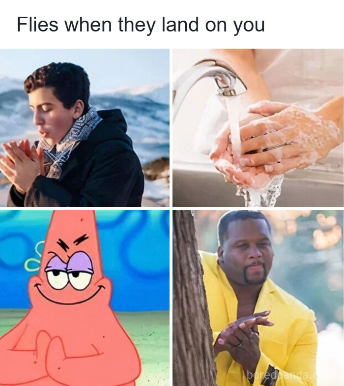Four-panel meme showing a person warming hands, washing hands, smirking cartoon character, and man rubbing hands related to internet memes.
