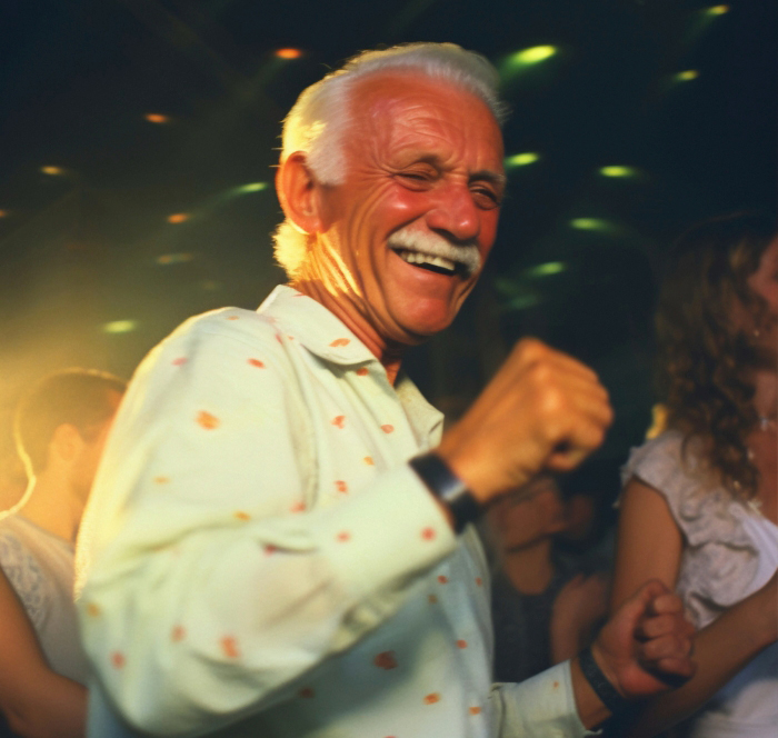 Elderly man dancing and laughing energetically at a wild bachelor and bachelorette party celebration.